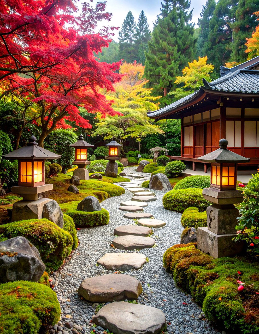 Japanese Tea Garden with Stone Lanterns - 25 Asian Landscaping Ideas