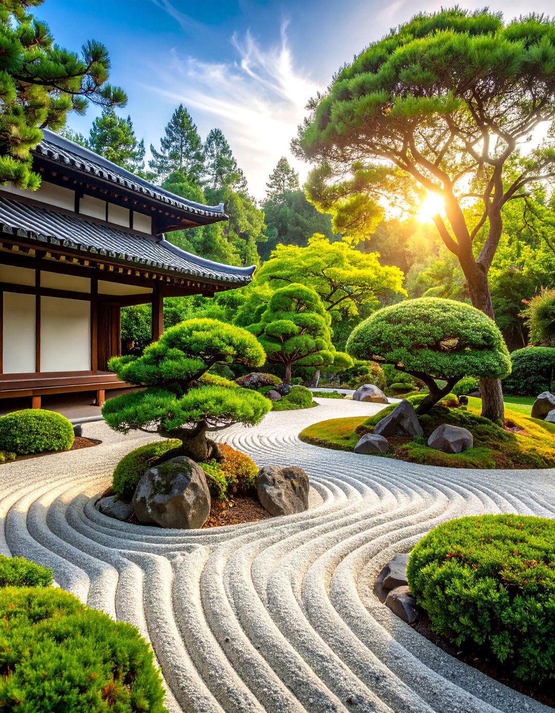 Japanese Zen Garden with Bonsai Pine Elements - 25 Pine Tree Landscape Ideas