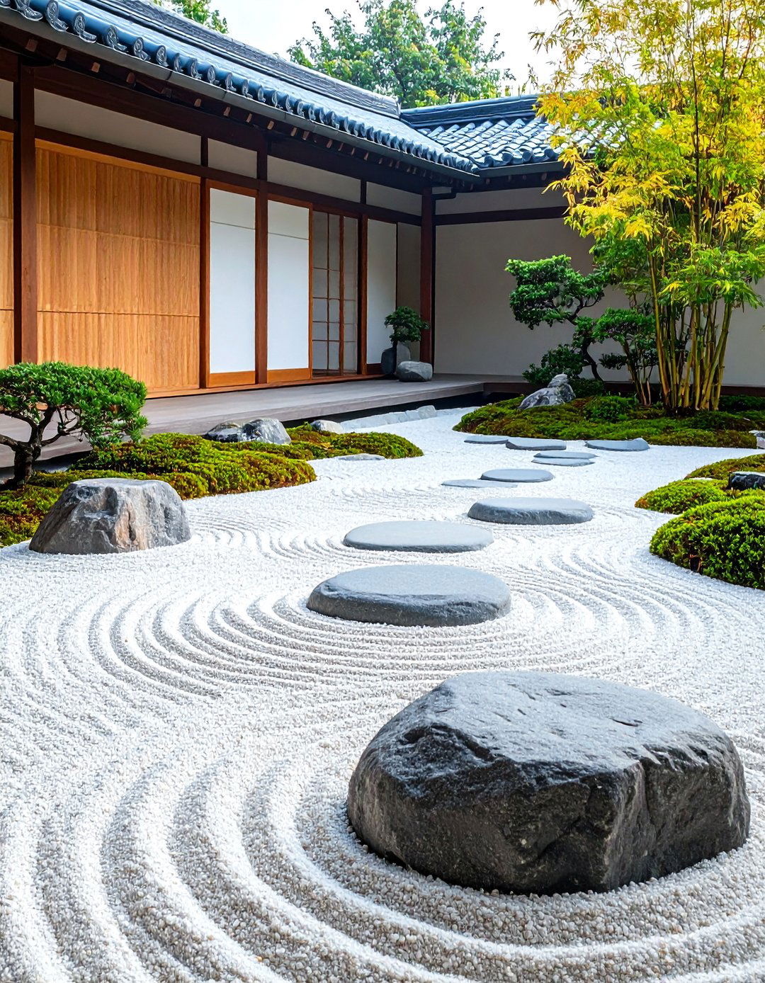 Japanese Zen Garden with White Gravel Meditation Space - 25 White Rock Landscaping Ideas