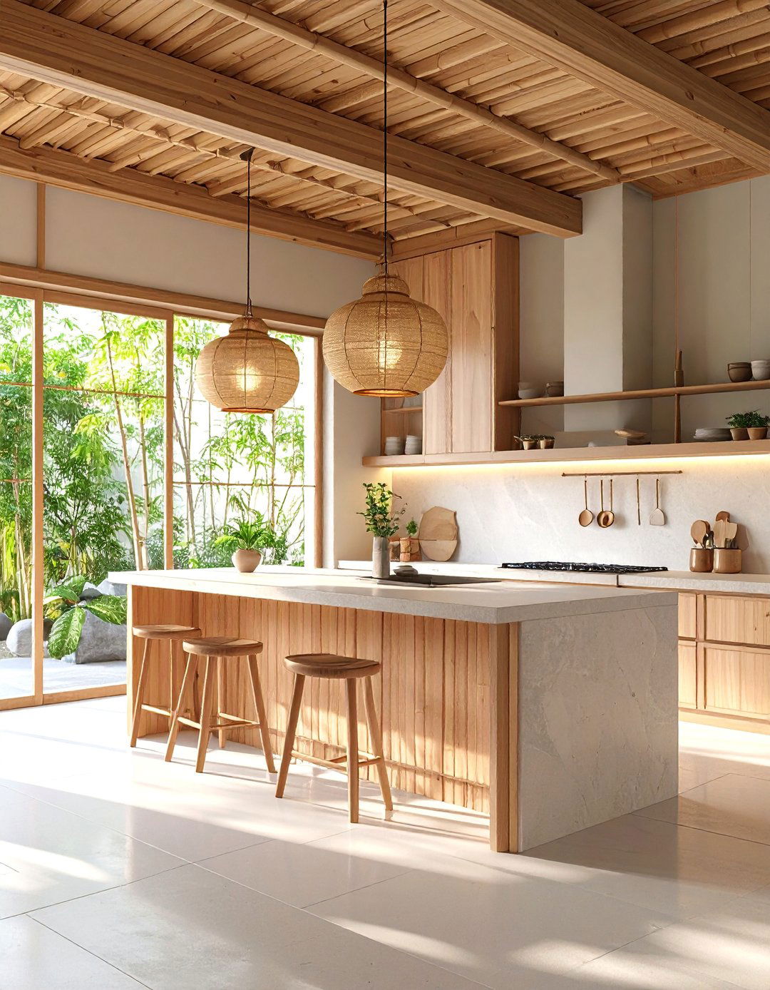 Japanese Zen Inspired Bamboo and Stone Minimalism - 25 Double Island Kitchen Ideas
