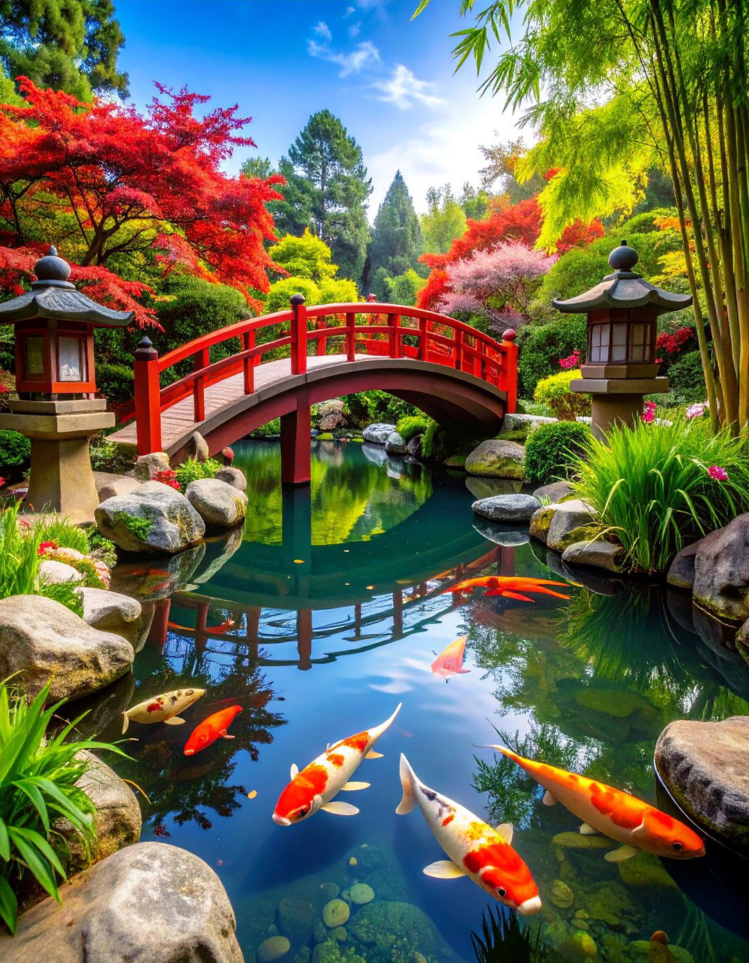 Japanese Zen Pond with Red Bridge Feature - 25 Pond Landscaping Ideas