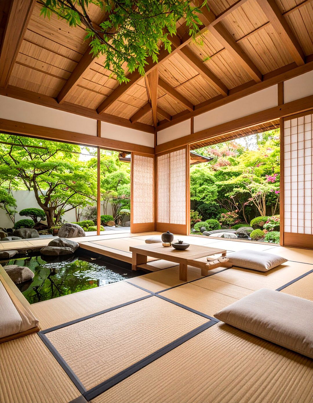 Japanese Zen Sunroom Garden with Natural Elements - 25 Sunroom and Deck Combo Ideas