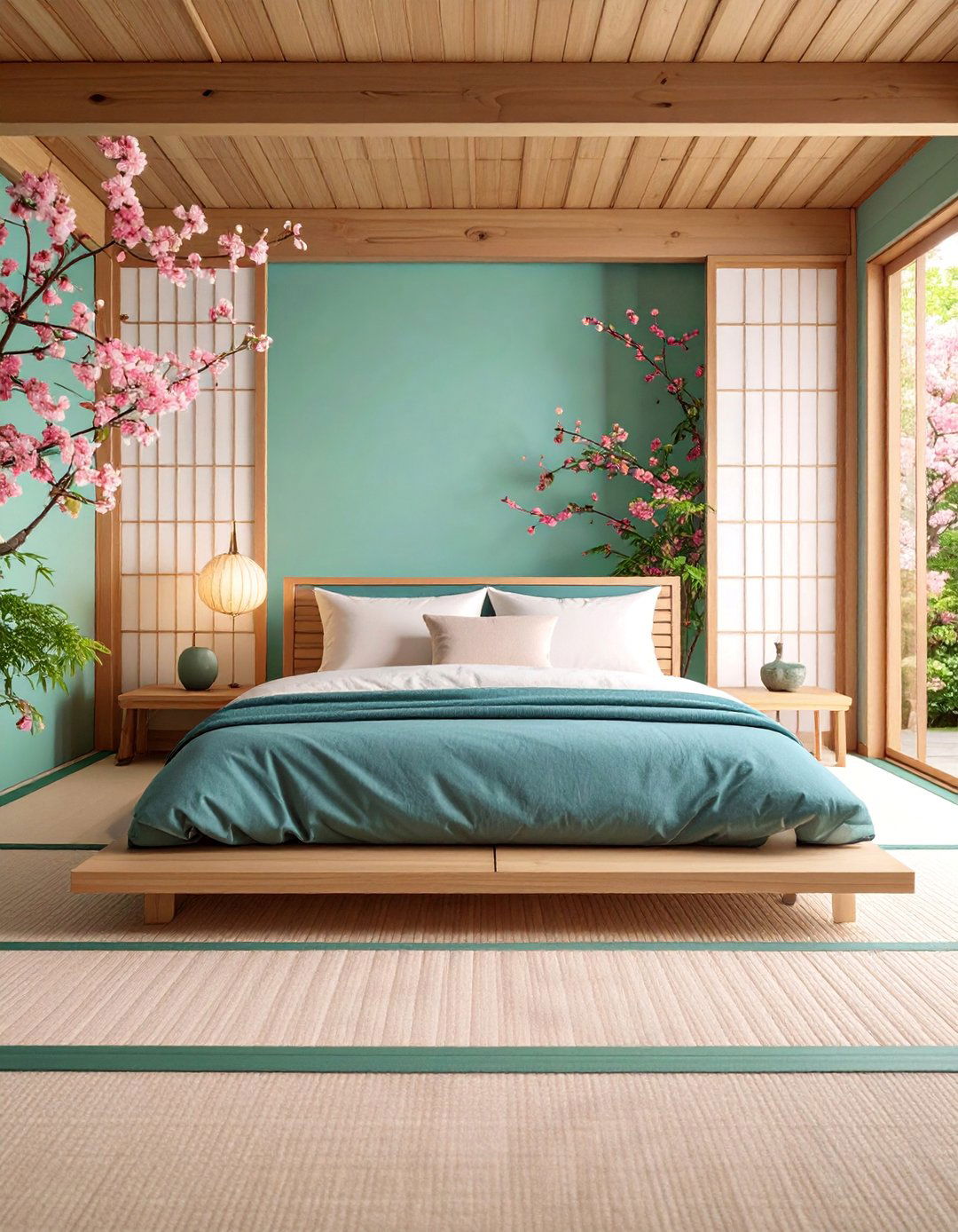 Japanese Zen Teal and Cherry Blossom Pink Bedroom with Minimalist Design - 25 Teal and Pink Bedroom Ideas
