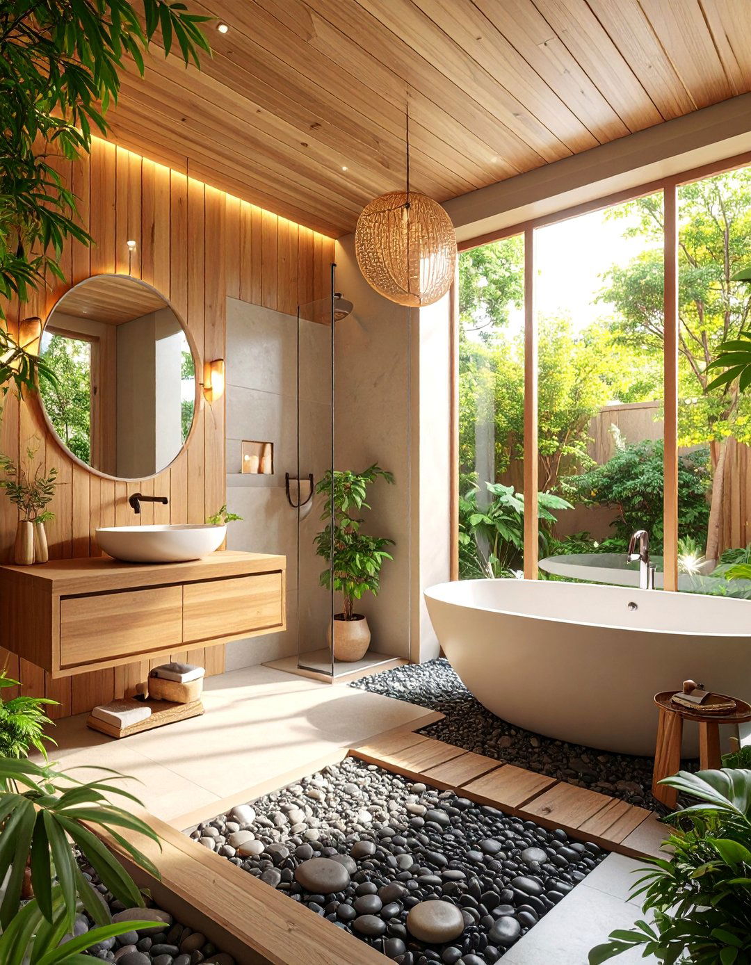 Japanese Zen with Dark River Rock Floor - 25 Pebble Tile Bathroom Ideas