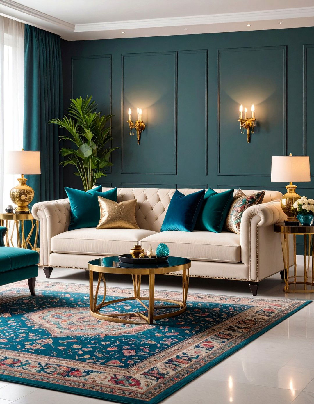 Jewel Tone Accent Beige Living Room with Rich Colors - 25 Beige Couch Living Room Ideas