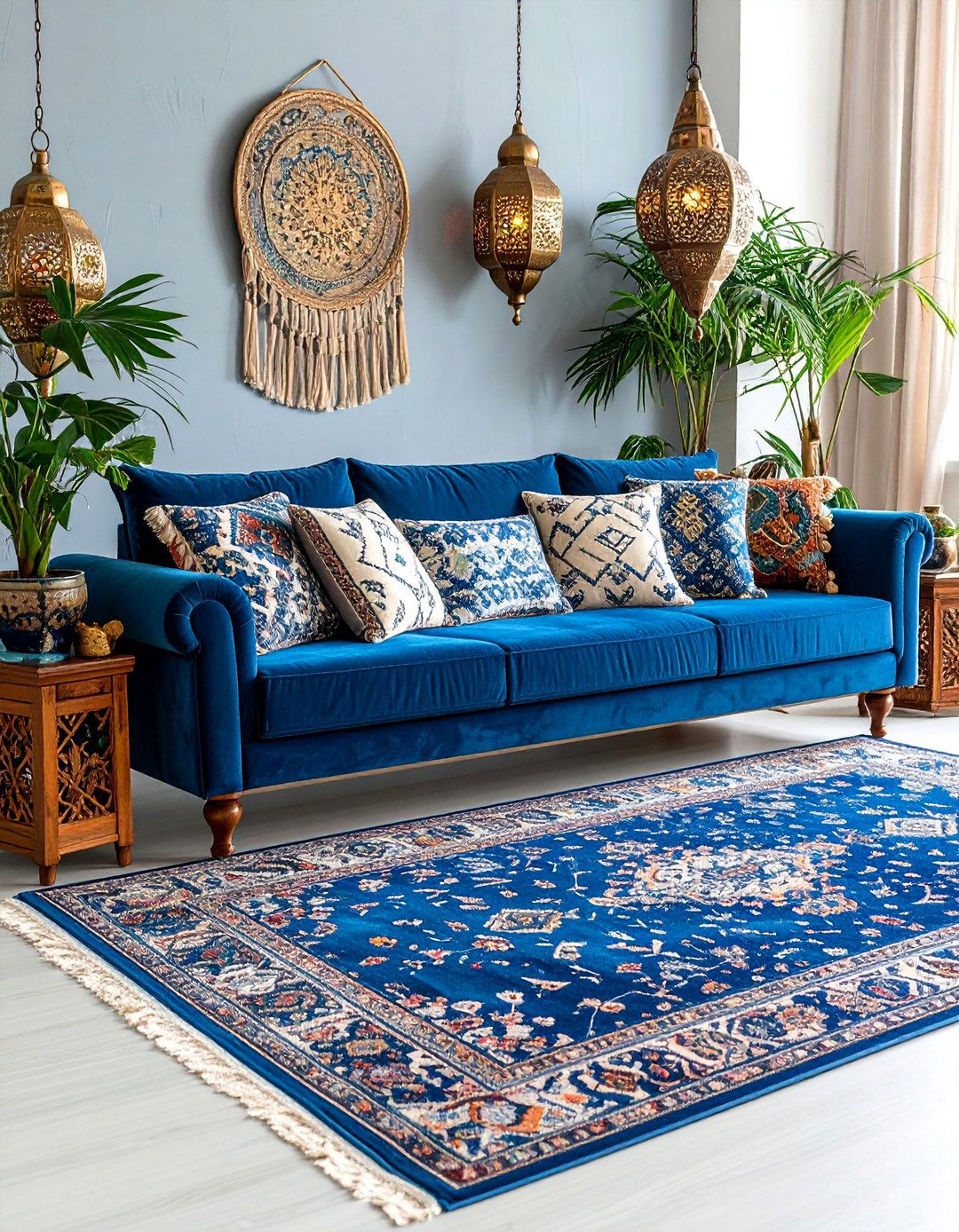 Jewel Tone Blue Sofa with Rich Textiles and Global Accents - 25 Blue Couch Living Room Ideas