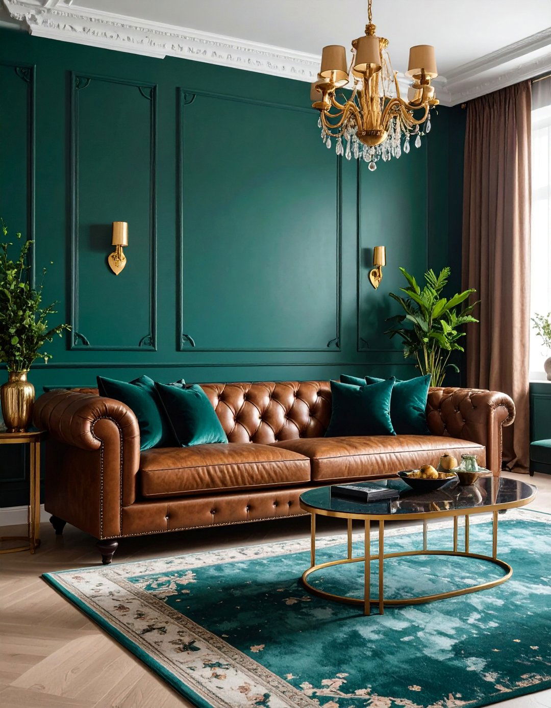 Jewel Tone Living Room with Emerald Green Accents - 25 Brown Leather Couch Living Room Ideas