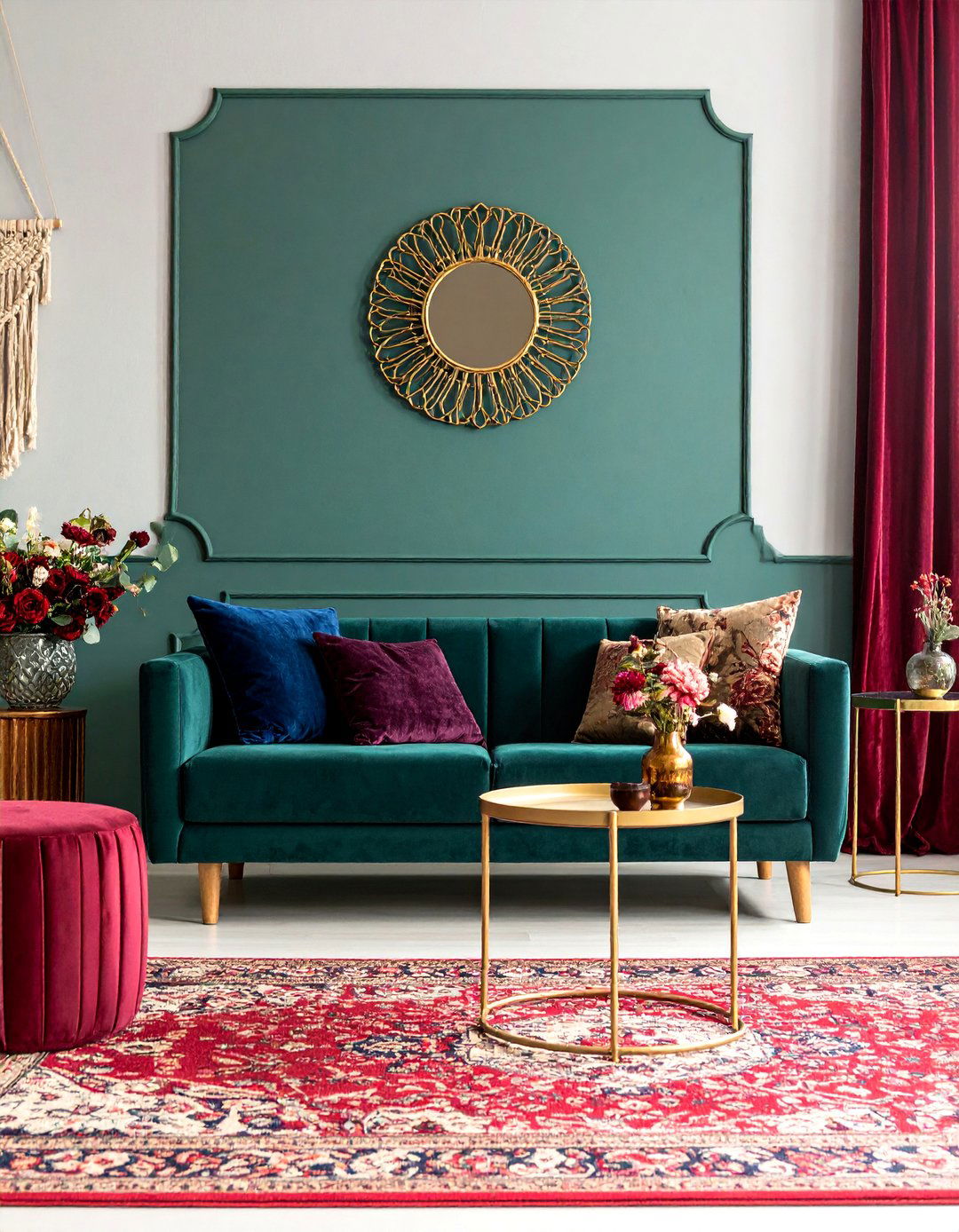 Jewel Toned Bohemian Living Room with Velvet Layering - 25 Bohemian Maximalist Decor Ideas