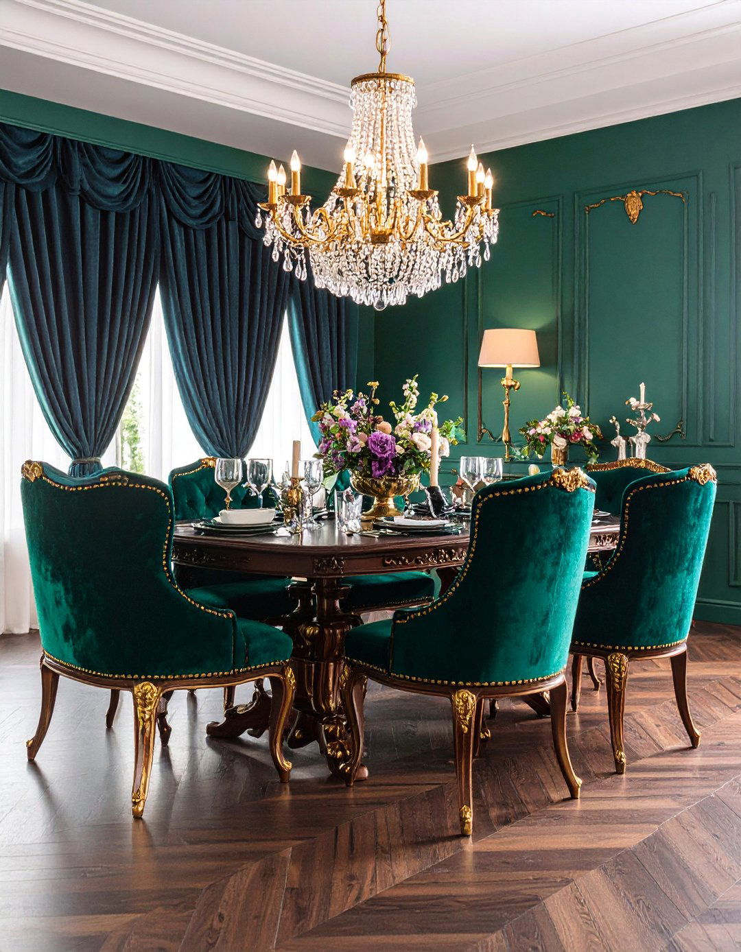Jewel Toned Dark Wood Floor Dining Room with Rich Colors - 25 dark wood floor dining room ideas