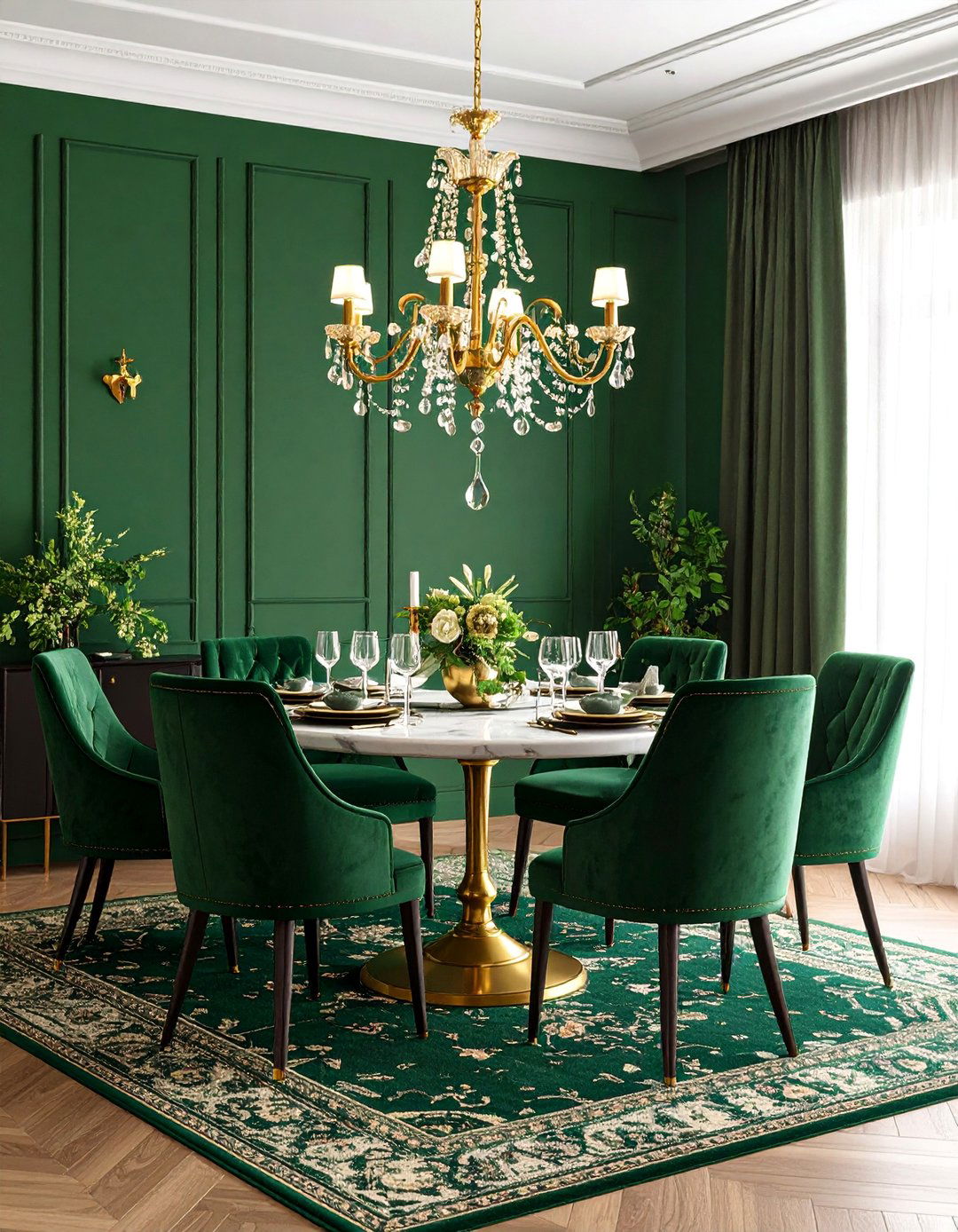 Jewel Toned Emerald Dining Room with Velvet Accents - 25 Colorful Dining Room Ideas