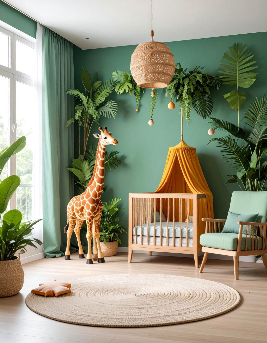 Jungle Giraffe Nursery with Tropical Plants and Lush Greenery - 25 Giraffe Nursery Ideas