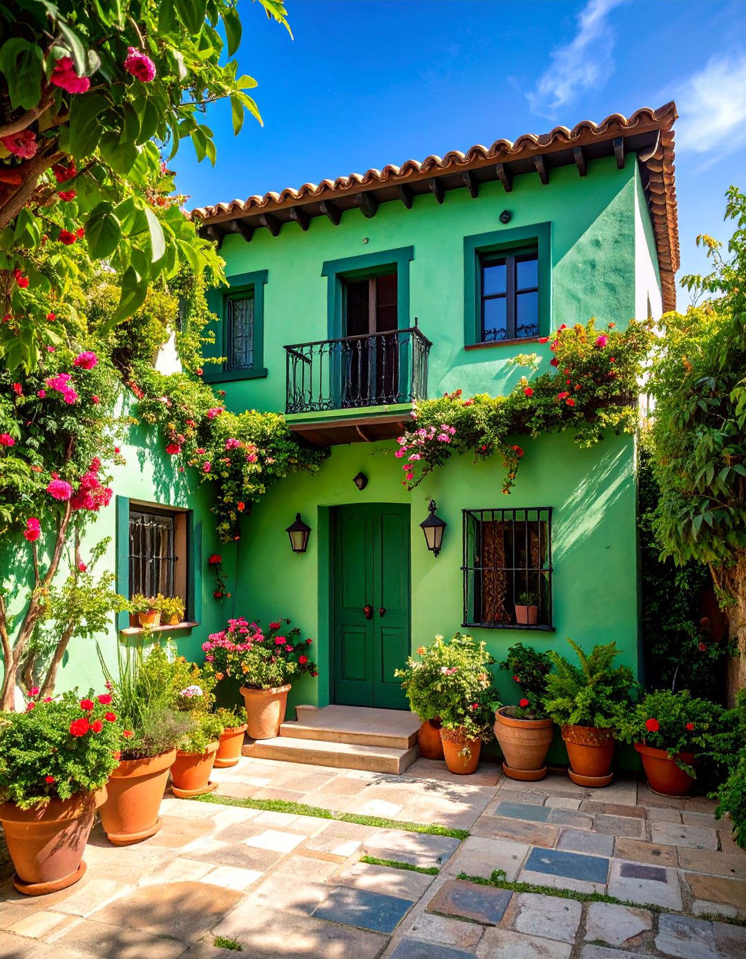 Jungle Green Mediterranean with Black Wrought Iron - 25 Green House Exterior With Black Trim