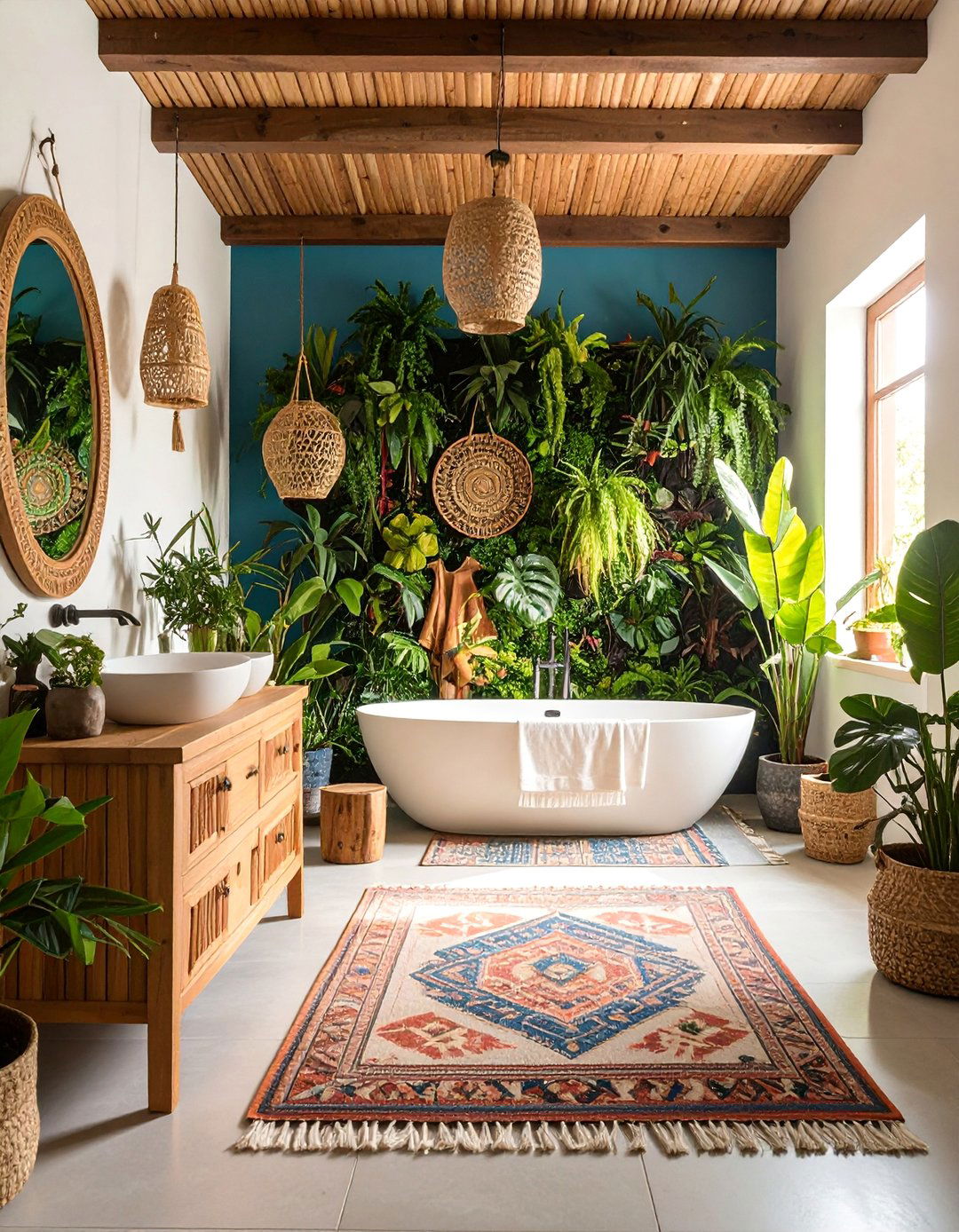 Jungle Themed Boho Bathroom with Lush Plants - 25 Boho Bathroom Ideas