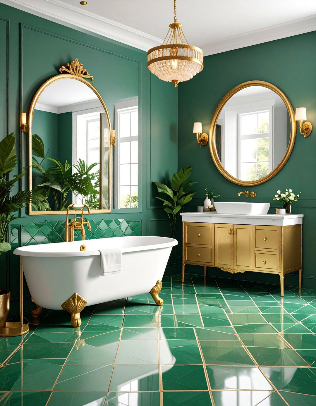 Kelly Green Geometric Tiles with Antique Gold - 25 Green and Gold Bathroom Ideas