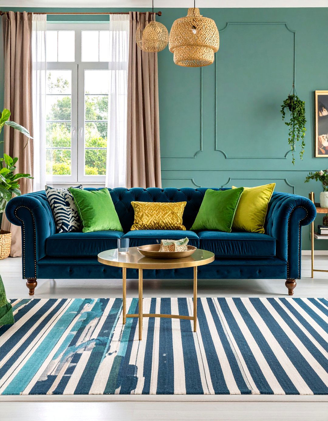 Kelly Green and Antique Brass Preppy Living Room - 25 Green and Gold Living Room Ideas