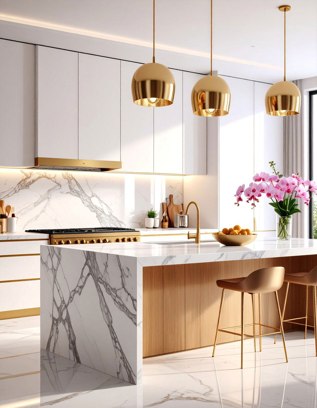 Kitchen Island with Marble Waterfall Countertop and Gold Accents - 25 kitchen island decor ideas