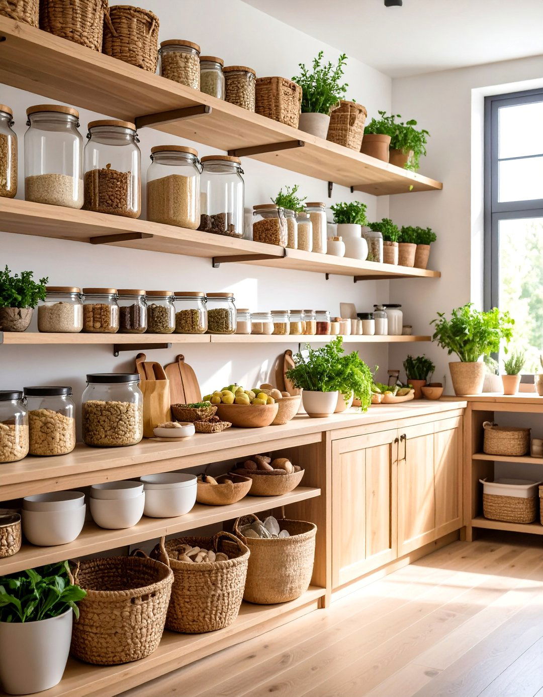 Kitchen Pantry with Open Storage and Natural Containers - 25 Boho-scandinavian Design and Decor Ideas