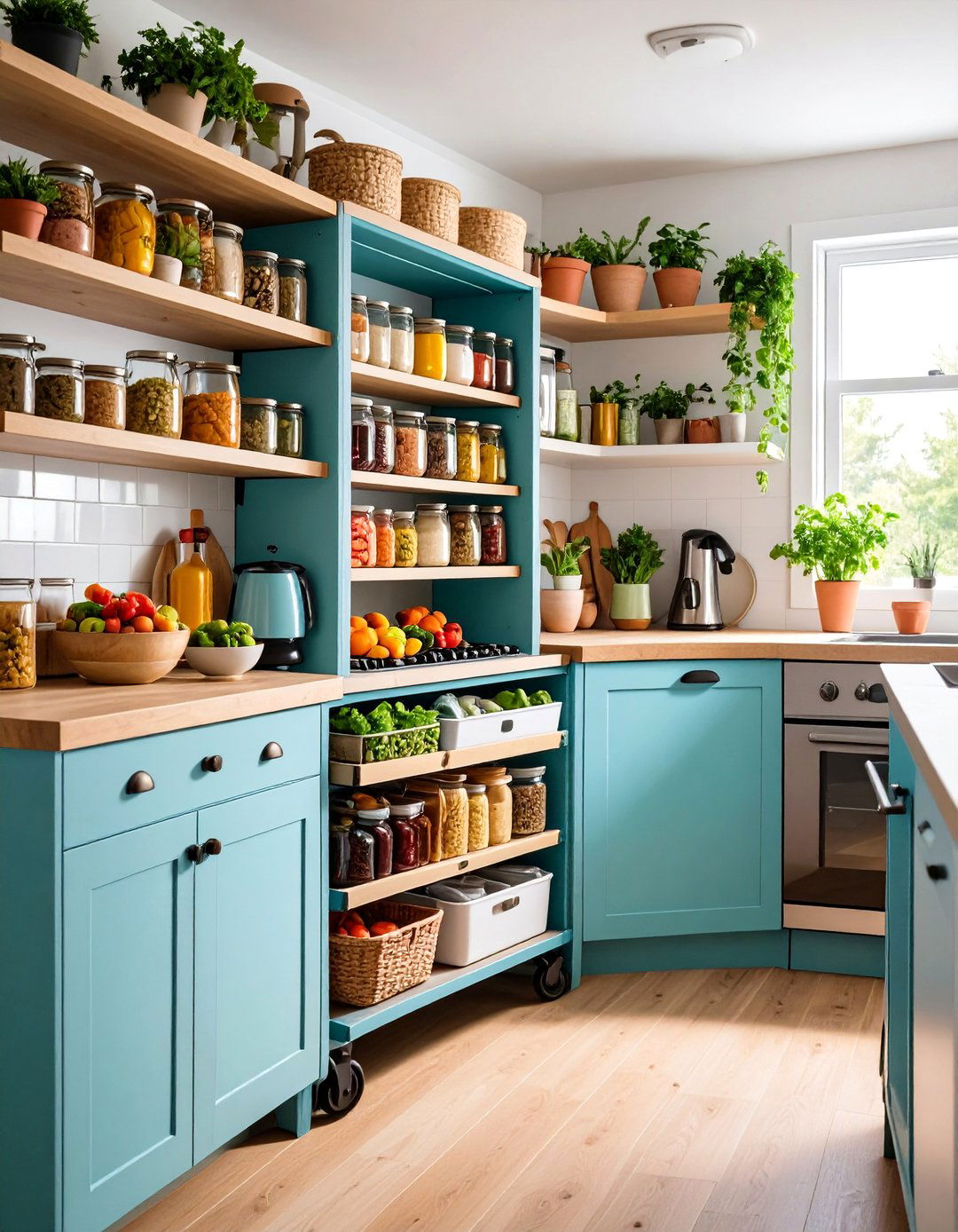 Kitchen Pull Out Pantry with Narrow Rolling Carts - 25 Tiny House Storage Ideas