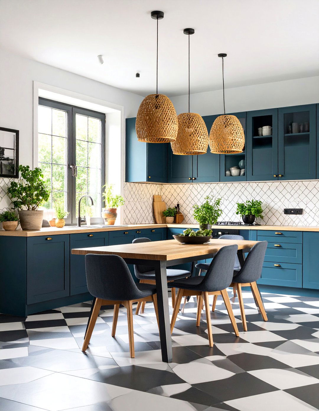 Kitchen with Black and White Tile and Warm Accents - 25 Boho Farmhouse Decor Ideas