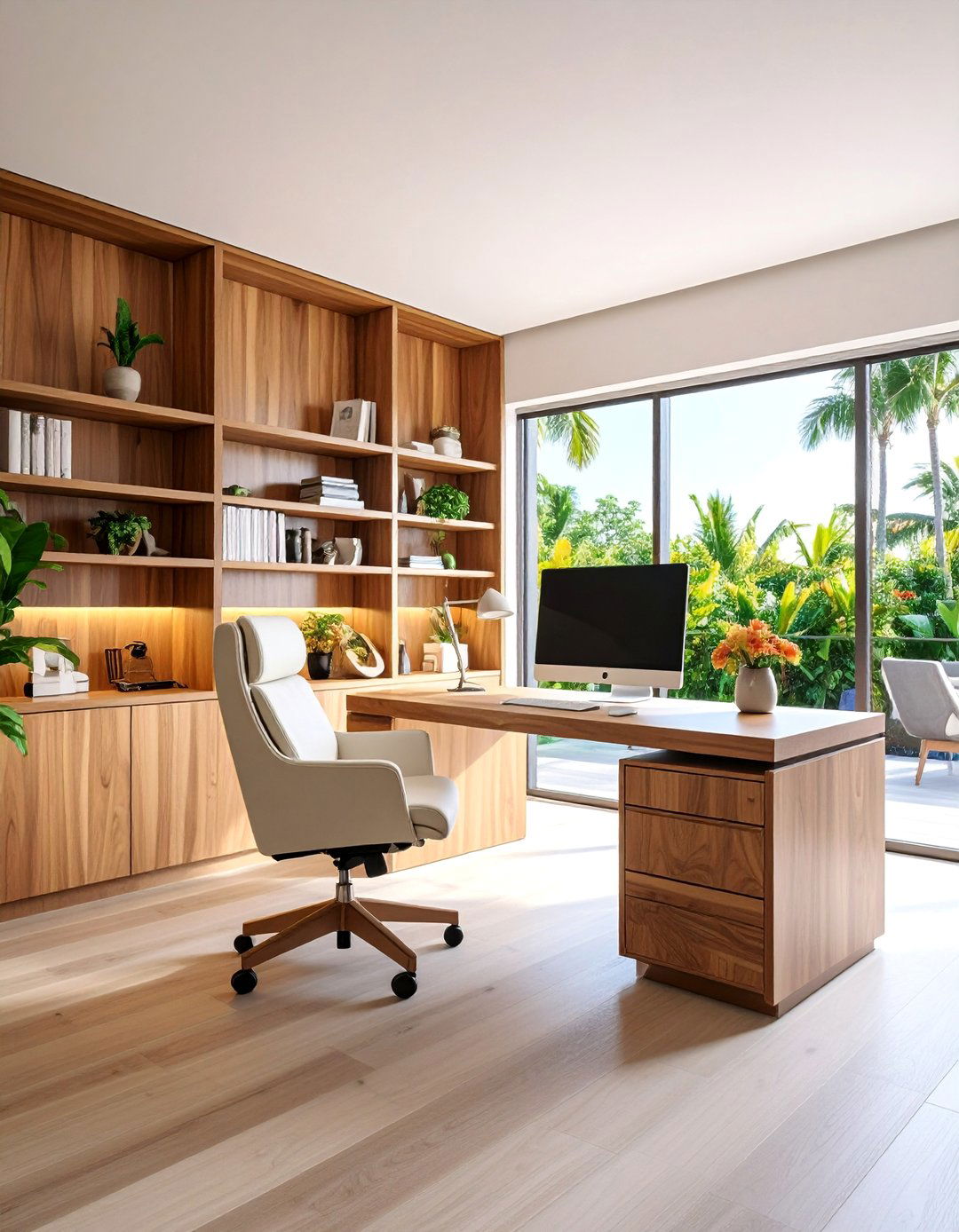 Koa Wood Feature Wall Home Office - 25 Hawaiian Interior Design Ideas