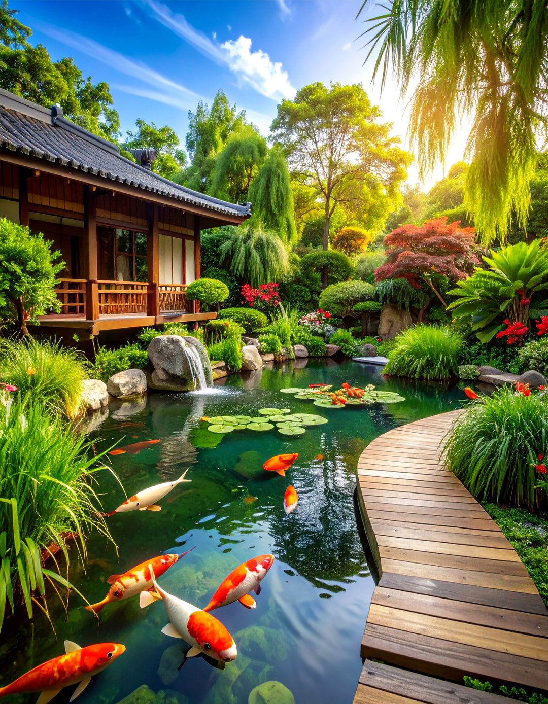 Koi Pond Garden with Aquatic Plants - 25 Tropical Garden Ideas