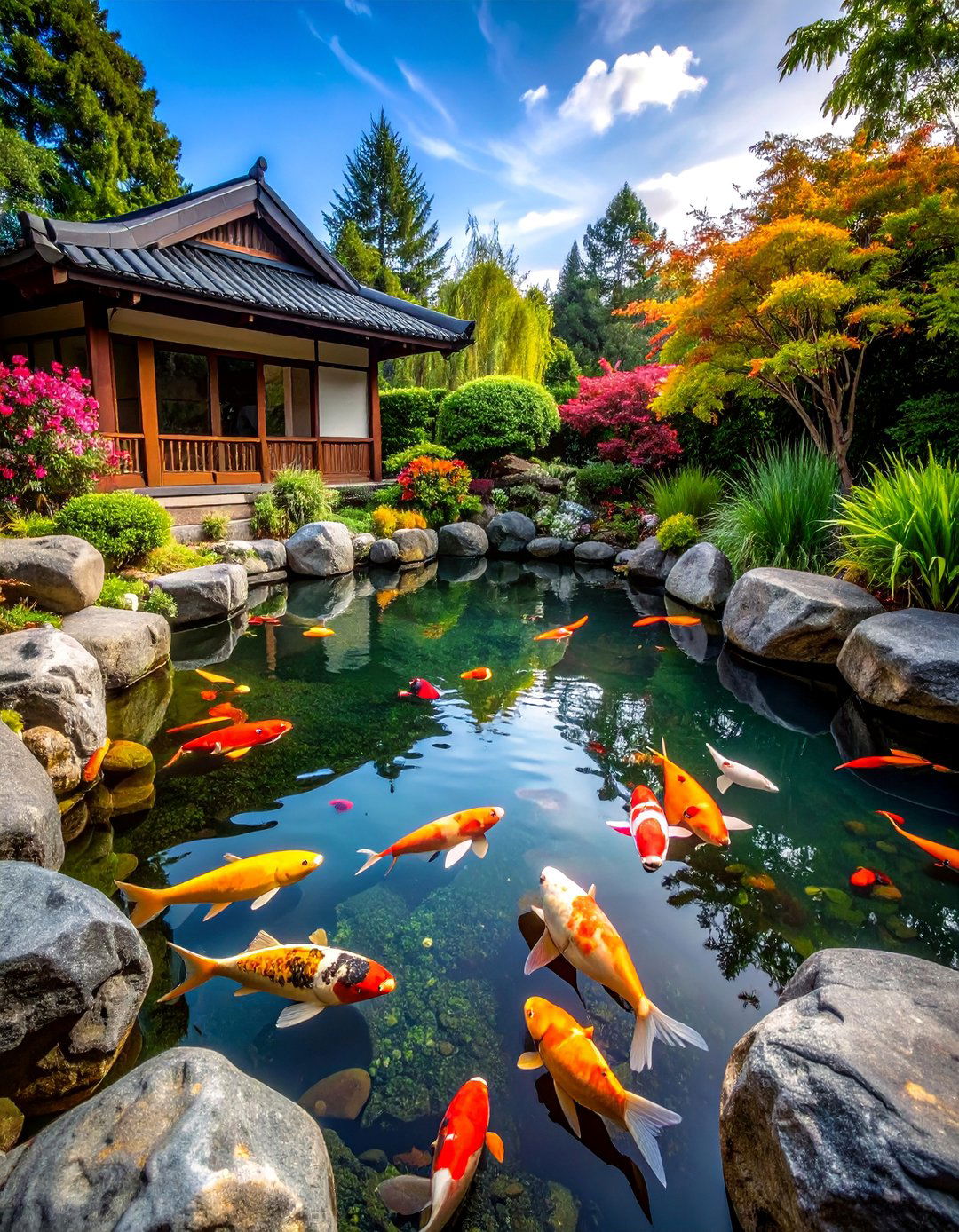Koi Pond with Black River Rock Lining - 25 Black River Rock Landscaping Ideas