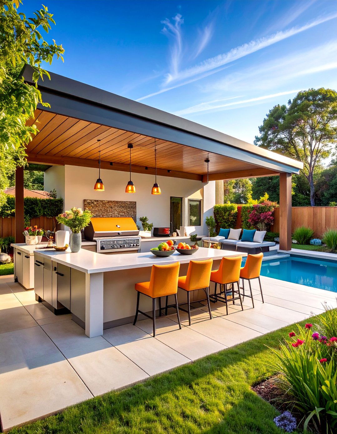 L Shaped BBQ Kitchen with Bar Seating - 25 bbq area ideas