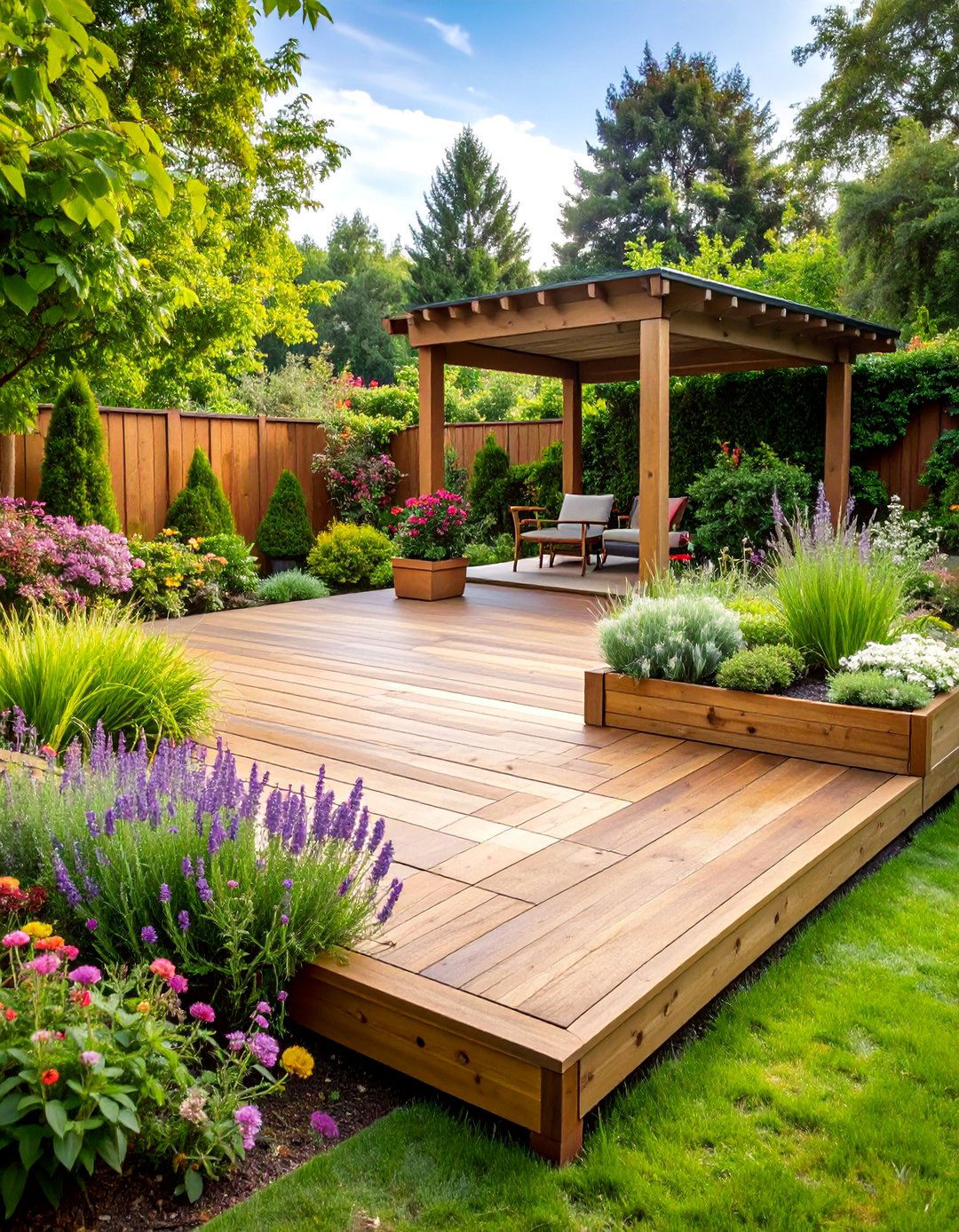 L Shaped Deck with Garden Integration - 25 Backyard Deck Ideas on a Budget