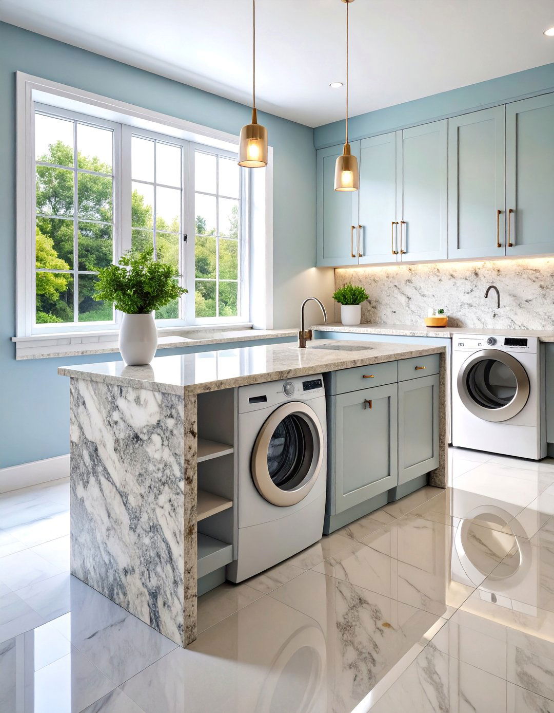 L Shaped Granite Laundry Room Countertops with Storage Integration - 25 Laundry Room Countertop Ideas