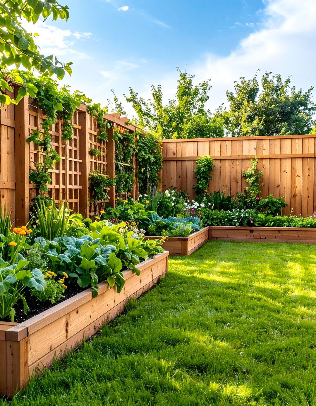 L Shaped Herb Garden with Vertical Trellis System - 25 Raised Garden Bed Along Fence Ideas
