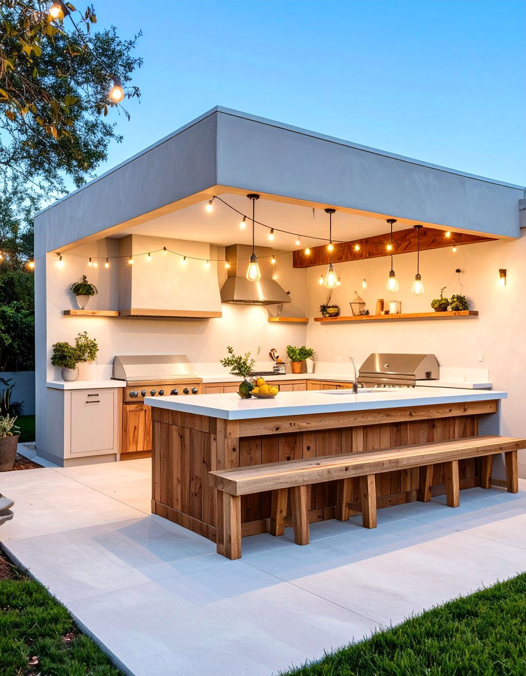 L Shaped Stucco Outdoor Kitchen with Dining Bench - 25 Stucco Outdoor Kitchen Ideas