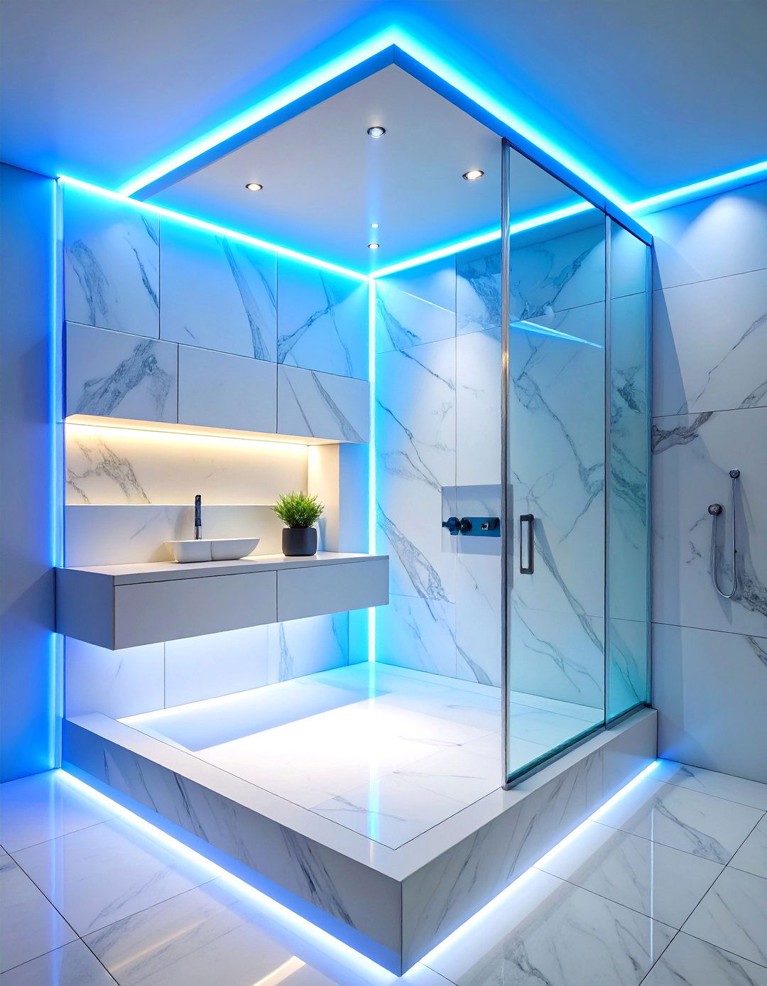 LED Illuminated Marble Shower Niche with Glass Shelves - 25 Shower Niche Ideas