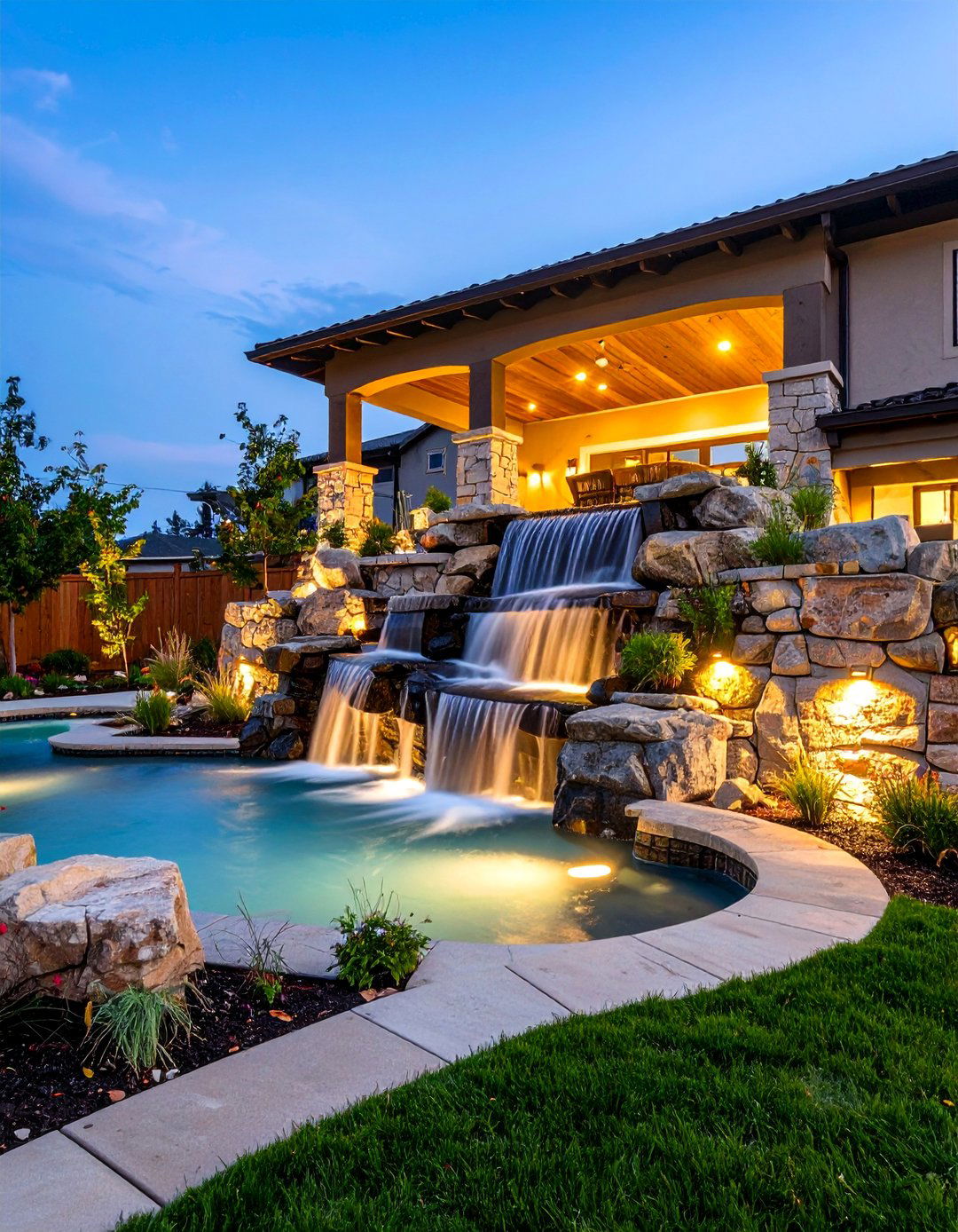 LED Illuminated Rock Formation - 25 Backyard Waterfall Ideas