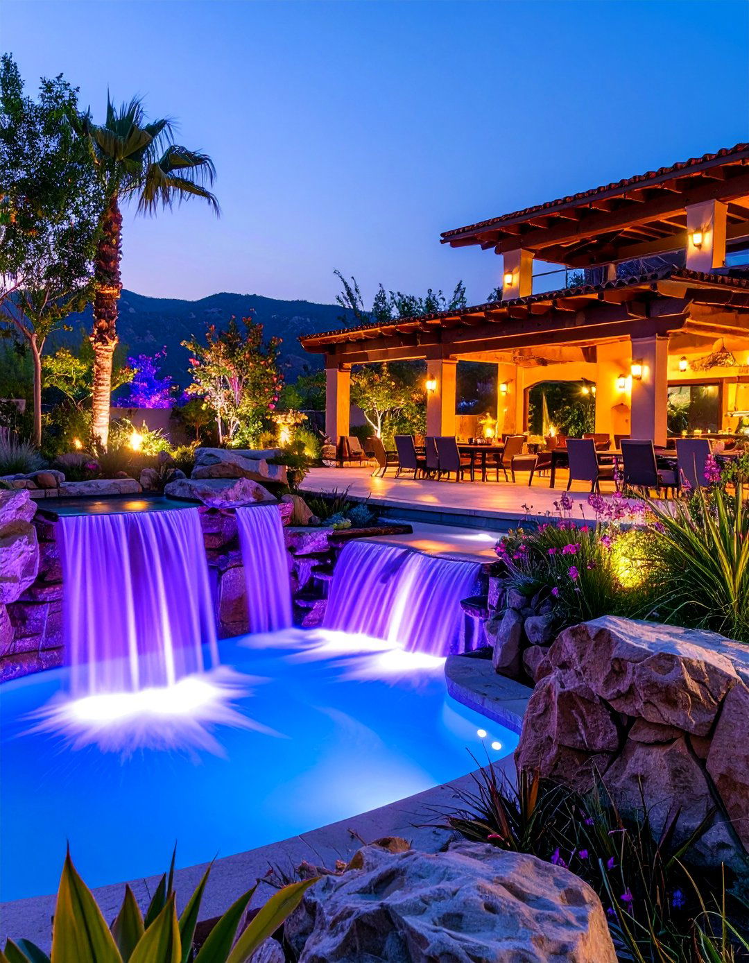 LED Lighting Enhanced Waterfall - 25 Pondless Waterfall Design Ideas