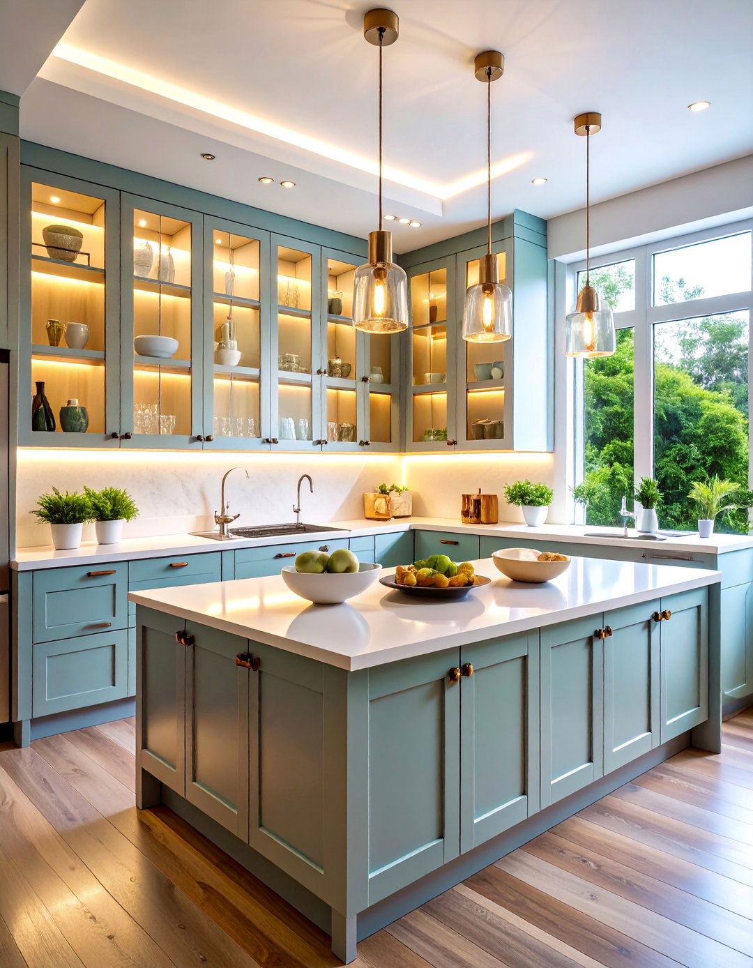 LED Puck Lights in Glass Front Cabinets - 25 Small Kitchen Lighting Ideas