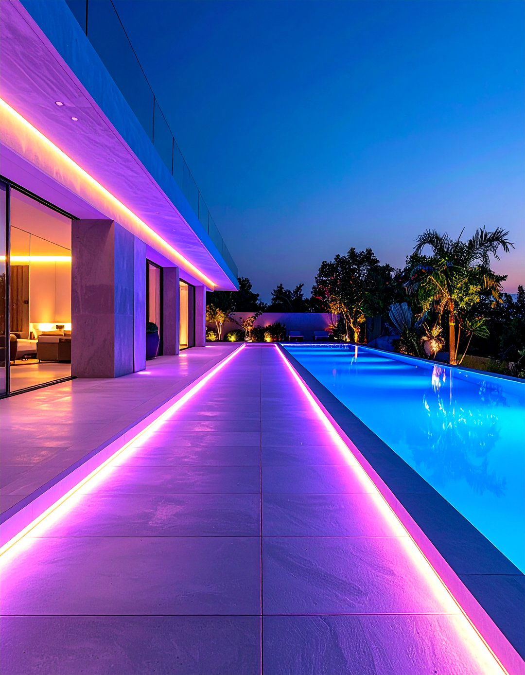 LED Strip Illuminated Concrete Pool Path - 25 Pool Walkway Ideas