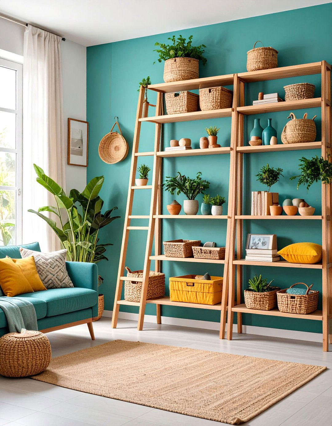 Ladder Shelving with Basket Storage - 25 Living Room Storage Ideas