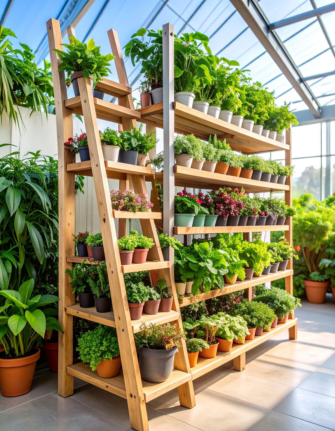 Ladder Style Greenhouse Shelving for Vertical Plant Displays - 25 Greenhouse Shelving Ideas