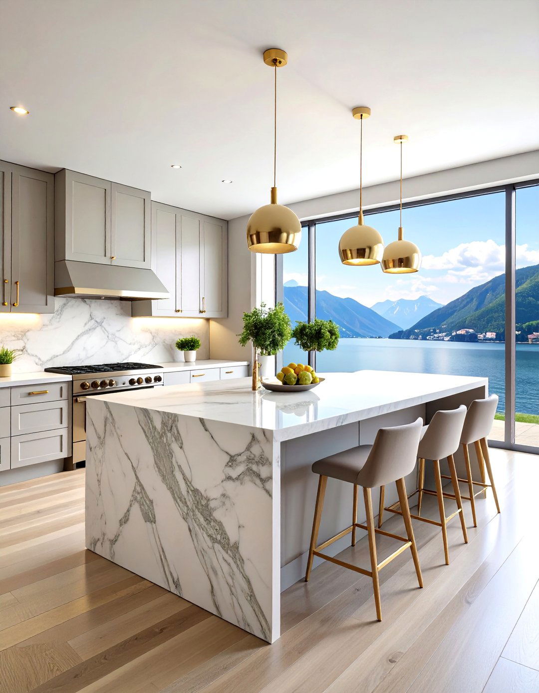 Lake Como Sophisticated Kitchen with Marble Waterfall Design - 25 Italian Kitchen Design Ideas