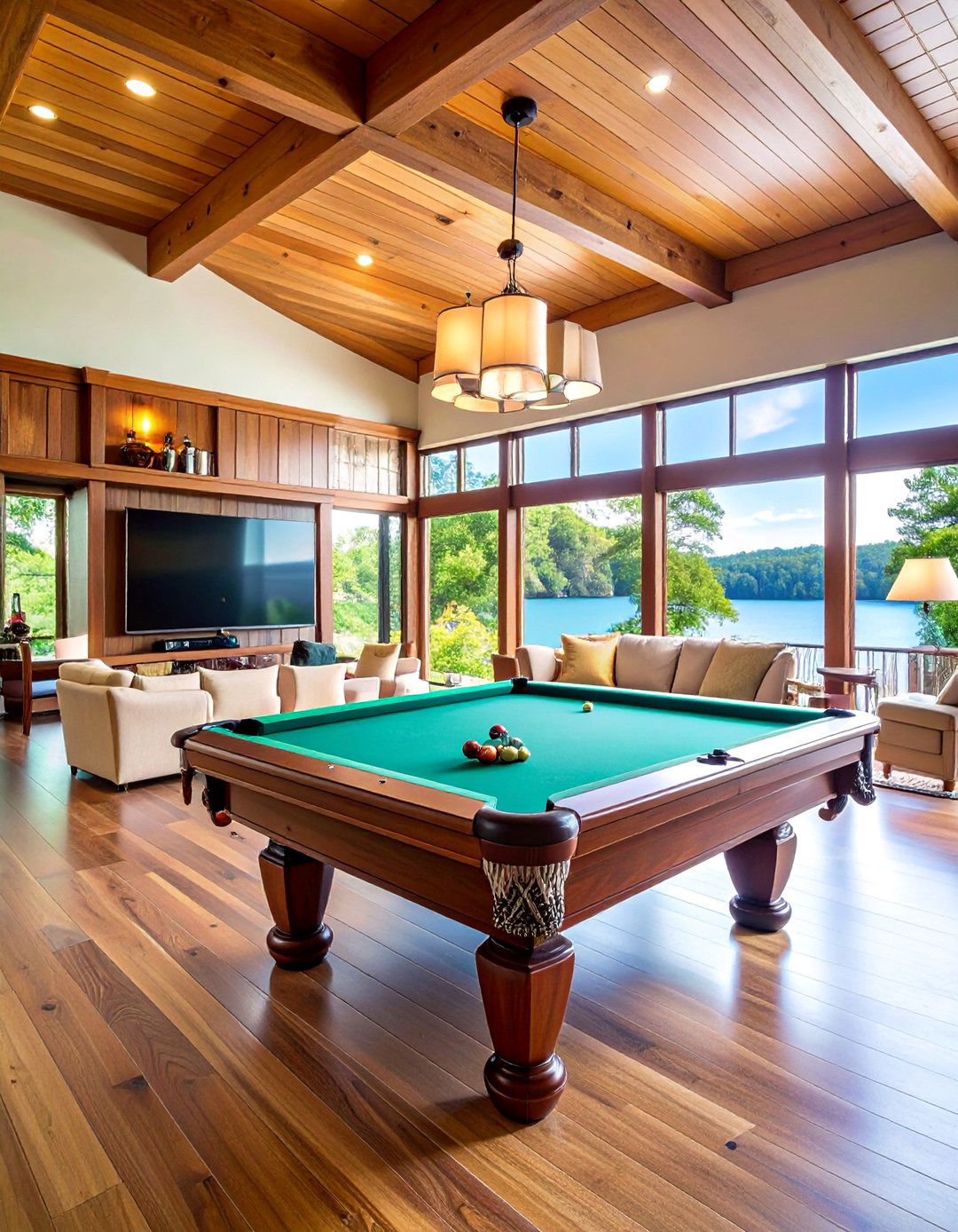 Lake House Game Room with Entertainment Features - 25 Lake House Decorating Ideas