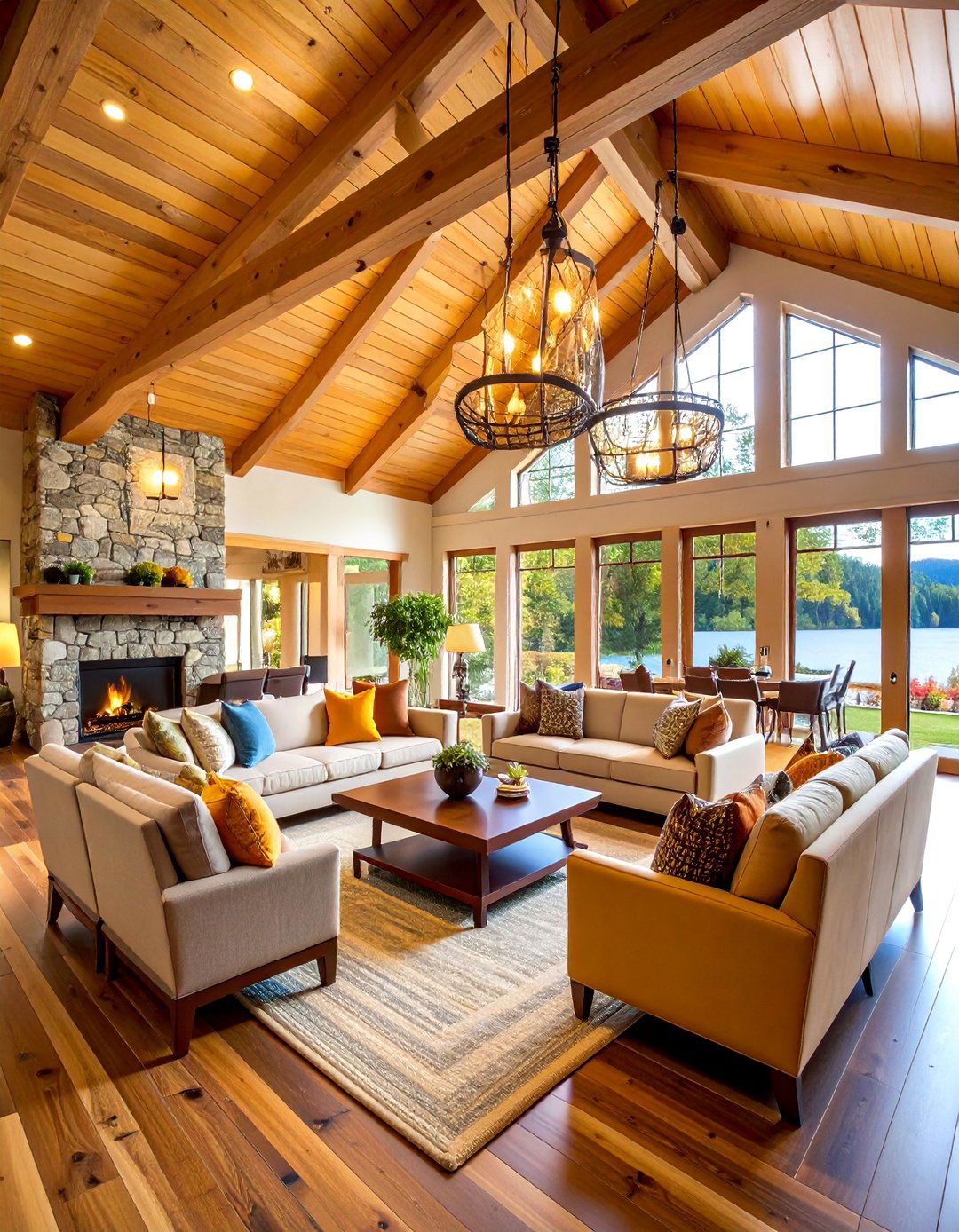 Lake House Great Room with Vaulted Ceilings - 25 Lake House Decorating Ideas