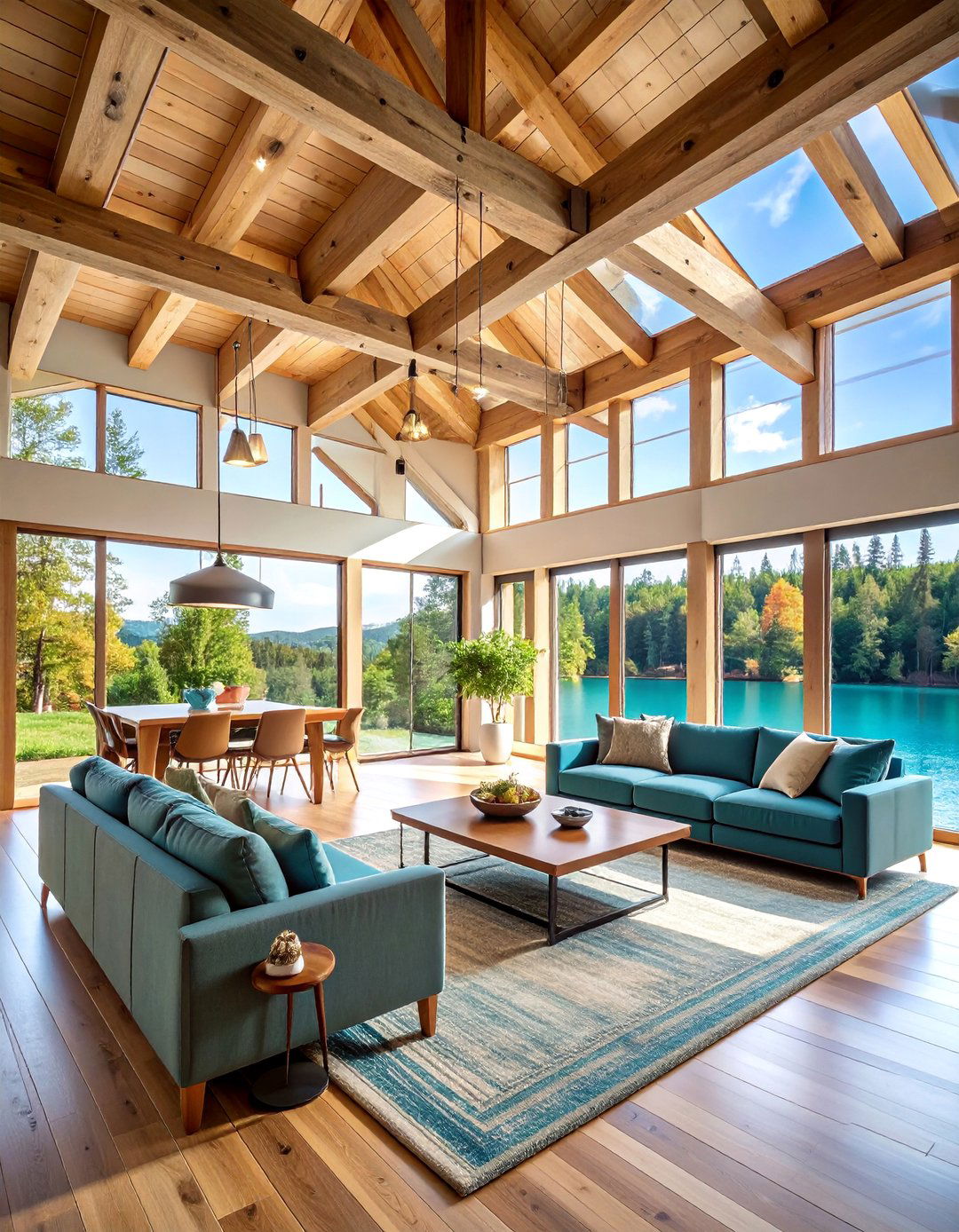 Lake House with Natural Wood Ceiling Beams - 25 Lake House Decorating Ideas