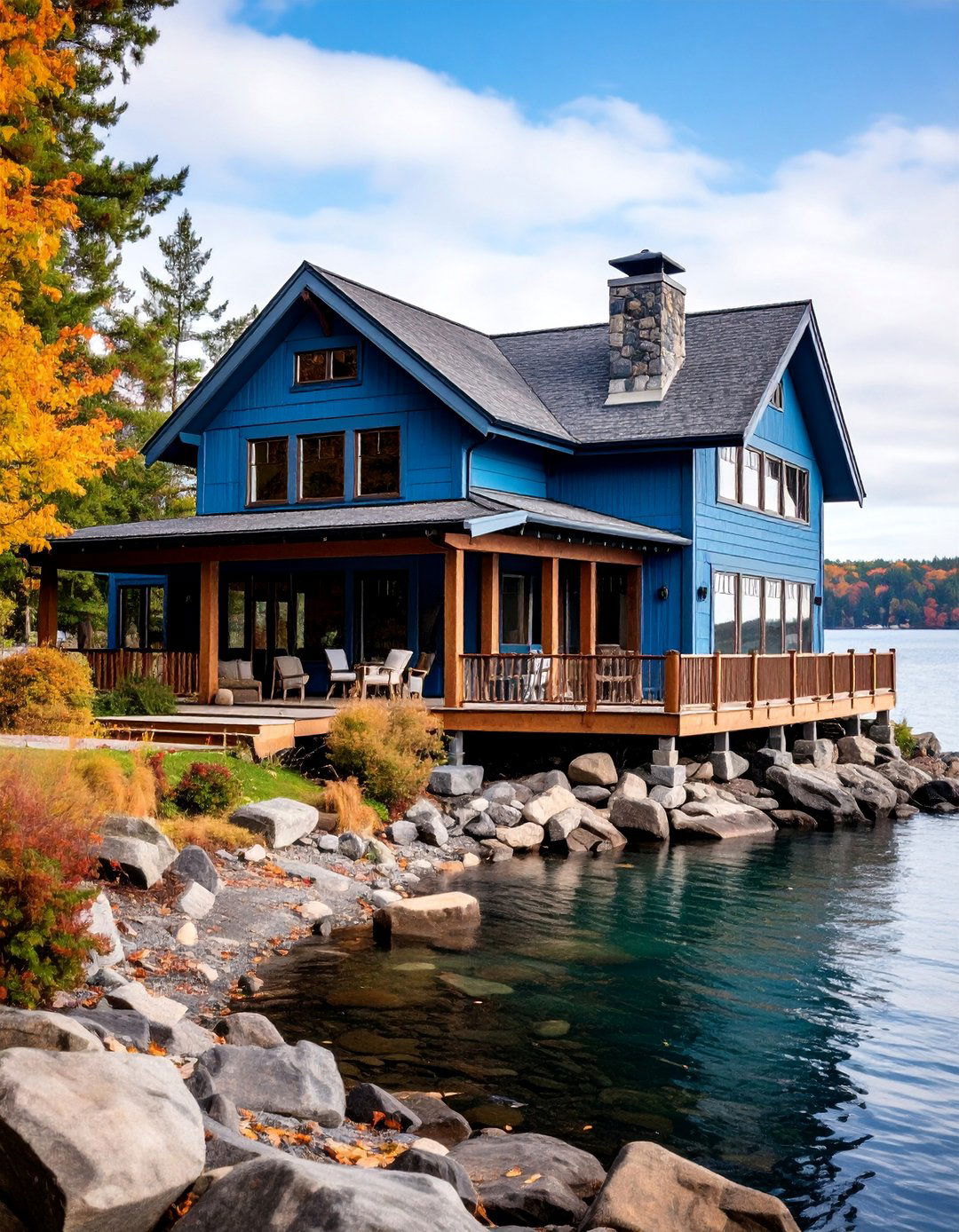 Lakefront Retreat Blue Exterior Home with a Brown Roof - 25 blue exterior home with a brown roof ideas