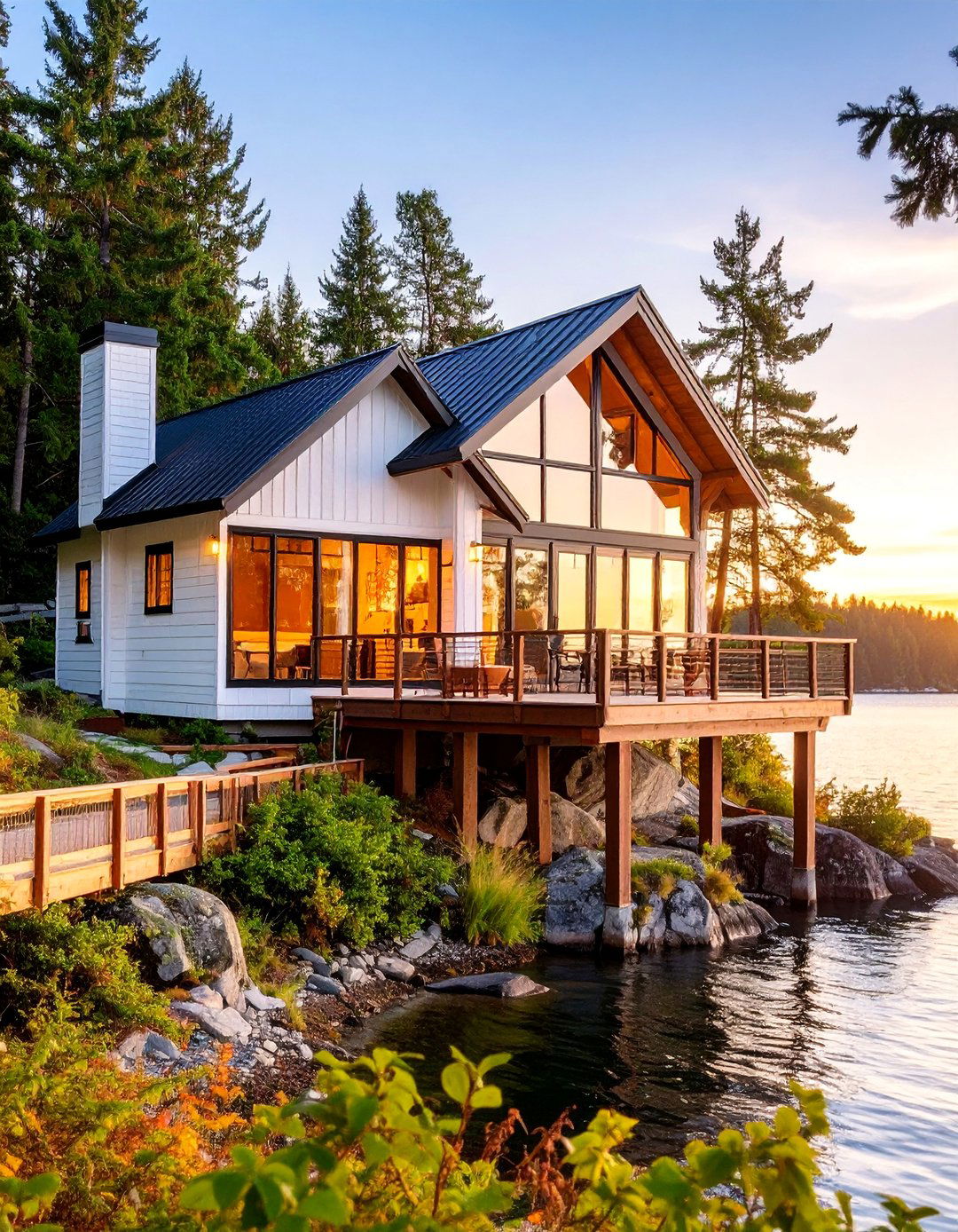 Lakehouse Contemporary with Floor to Ceiling Windows - 25 White Exterior Home with a Black Roof Ideas