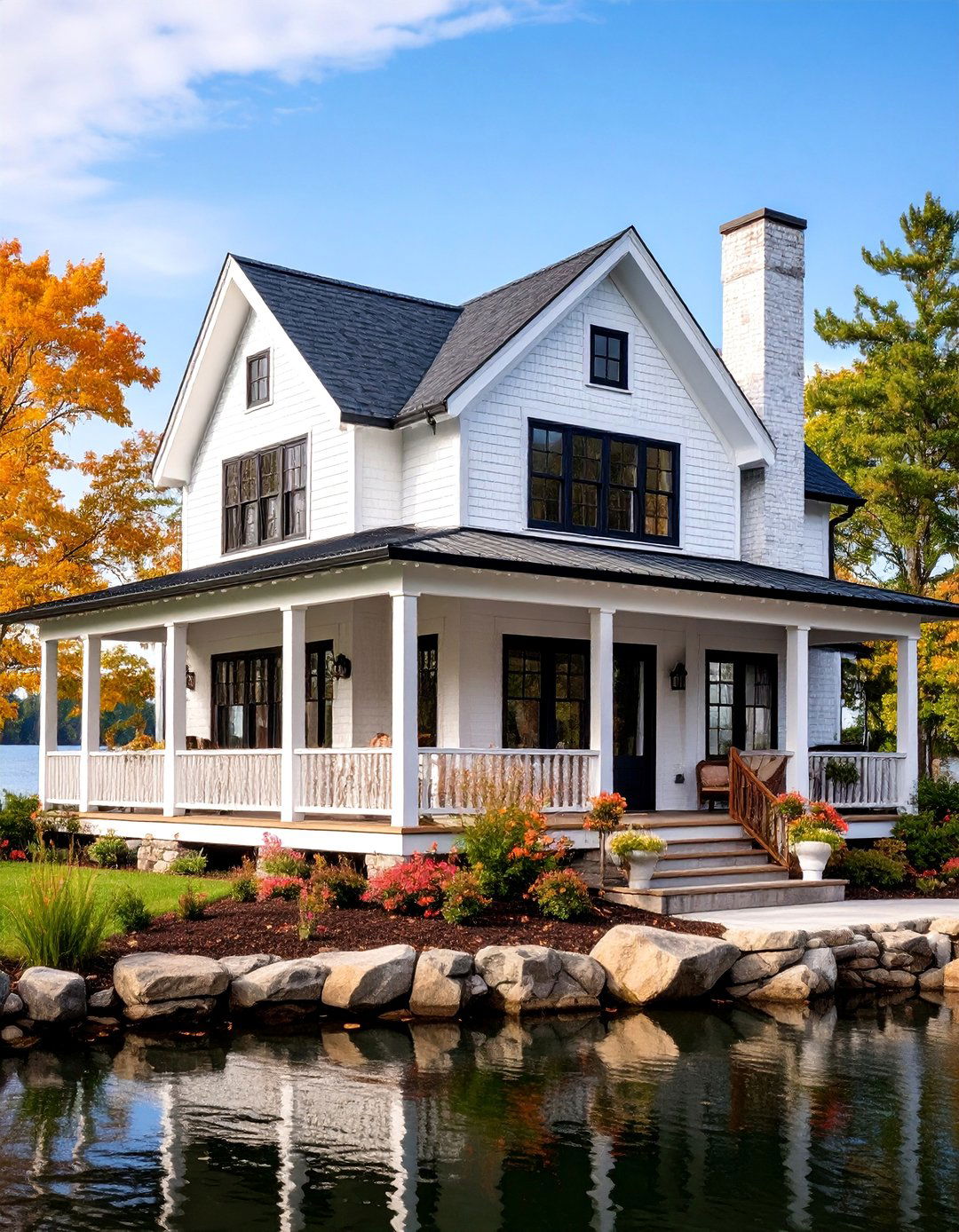 Lakehouse Retreat with Wraparound Porch - 25 White Brick House With Black Trim