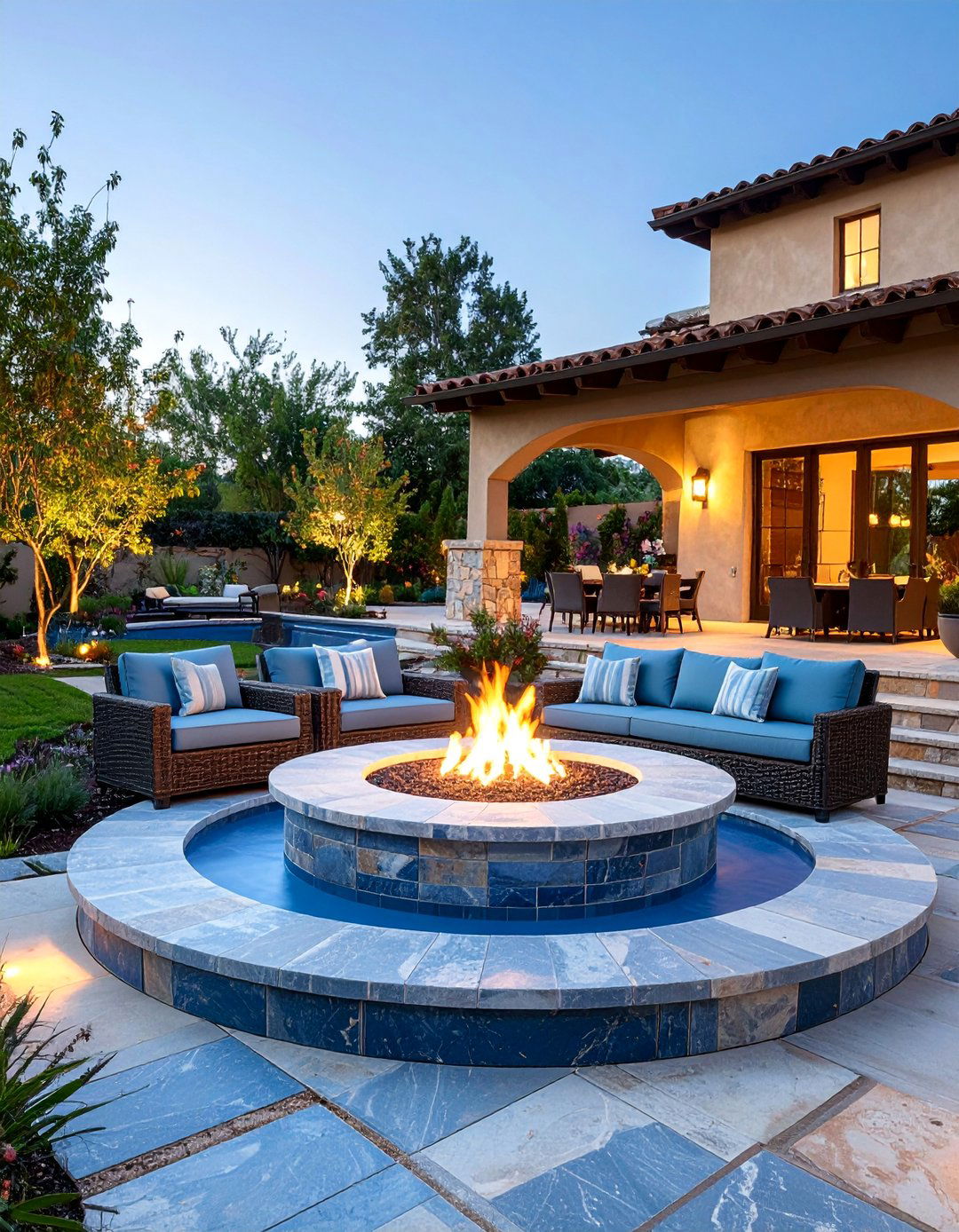 Large Ashlar Bluestone with Sunken Fire Pit - 25 stamped concrete patio with fire pit ideas