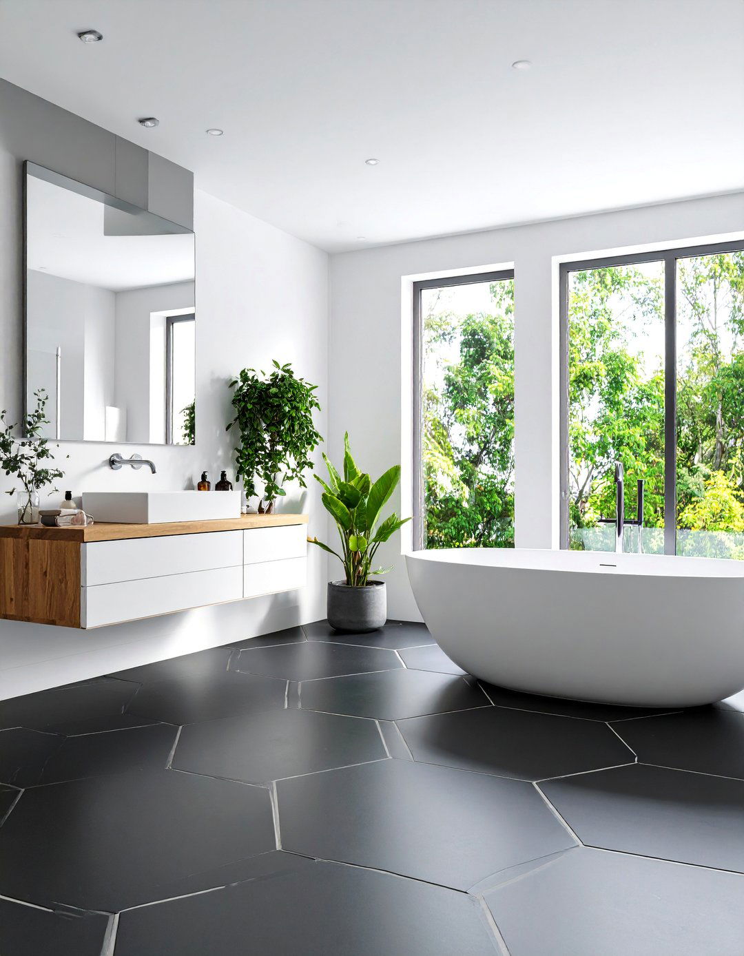 Large Black Hexagon Floor Tiles with White Walls - 25 Hexagon Tiles Ideas for Bathrooms