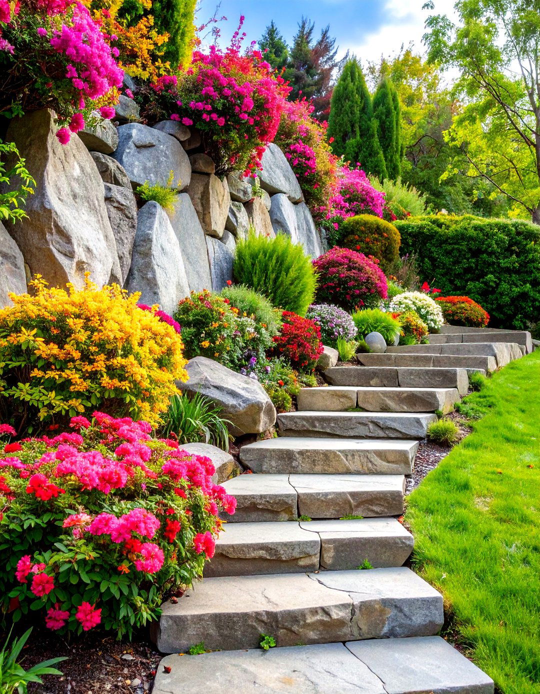 Large Boulder Wall with Built in Steps - 25 Natural Rock Retaining Wall Ideas