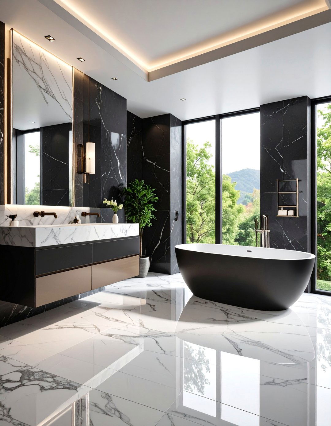 Large Format Black and White Marble Look Bathroom - 25 Black and White Bathroom Tile Ideas
