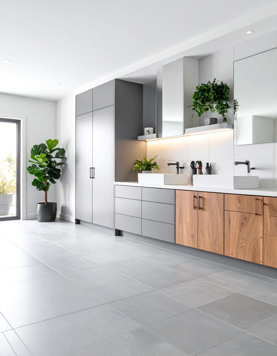Large Format Gray Porcelain Mudroom Tiles - 25 Mudroom Tile Floor Ideas
